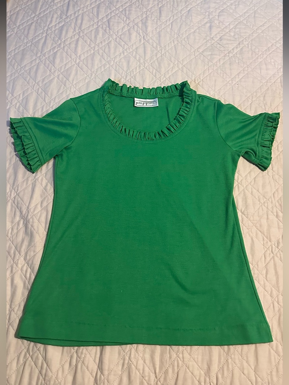 Peter Pipovitch Green Ruffle-Trim Short Sleeve Top Petite Medium